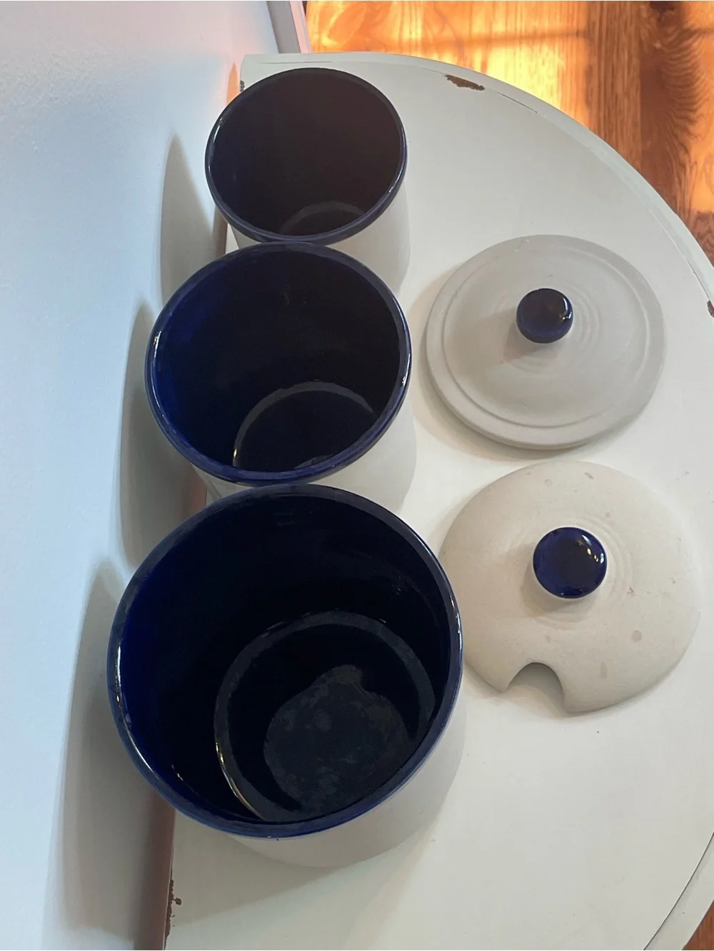 1982 Mountainside Stoneware Ceramic Canister Set with Navy Trim -3-Piece Storage